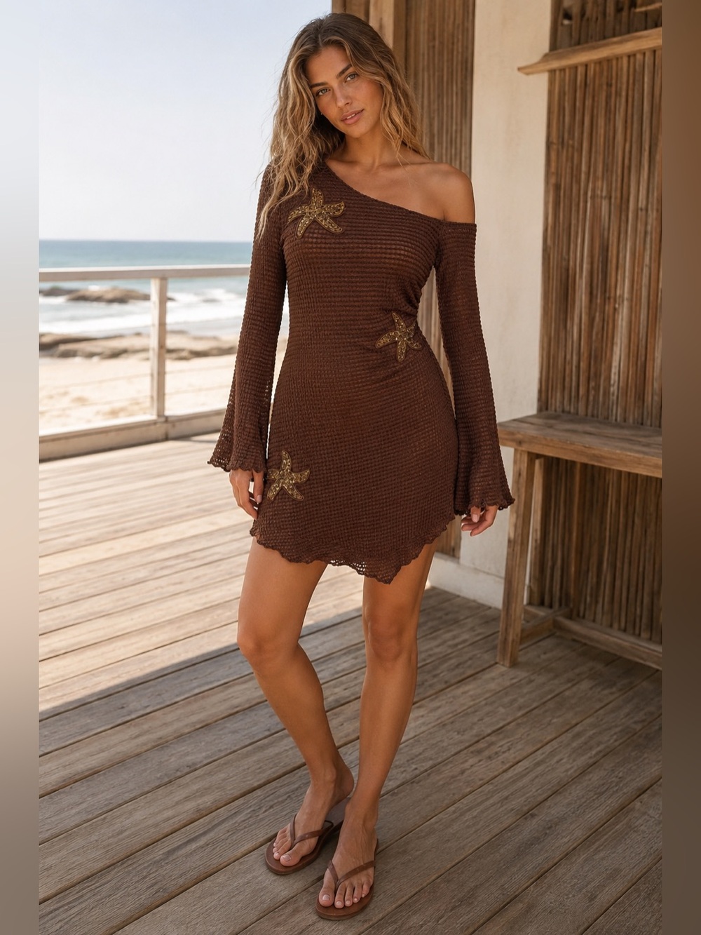 Mermaid’s Treasure Brown Starfish Appliqué Mini Dress